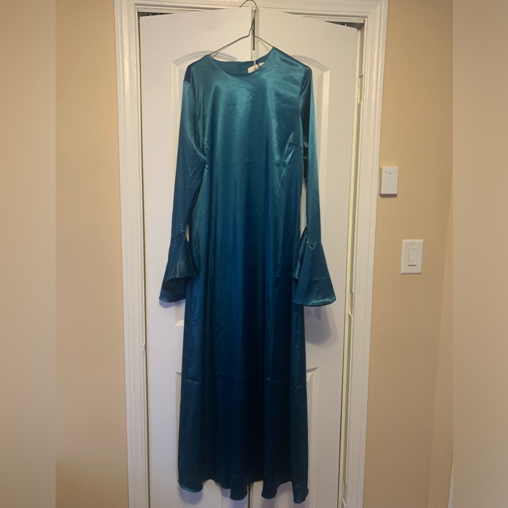 New Omera Flare Cuff Satin Maxi Dress - Deep Teal
